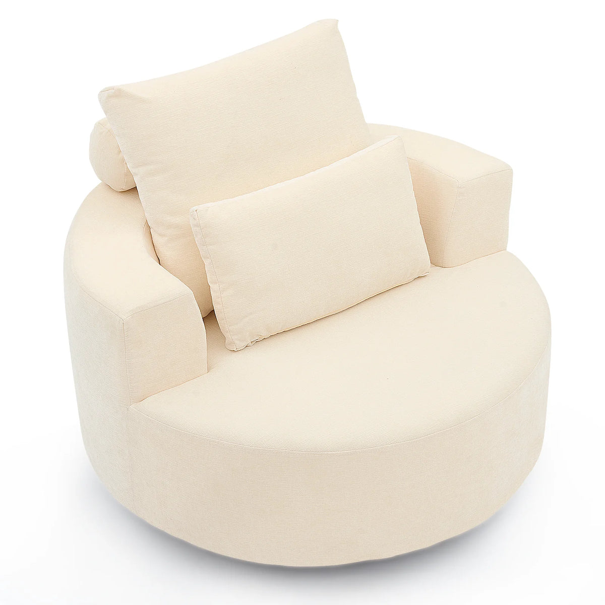 Fumahaus Upholstered Swivel Accent Chair, Oversized Comfy Round Sofa Chair with Two Pillows, Leisure Sofa Chair for Living Room Bedroom, Beige
