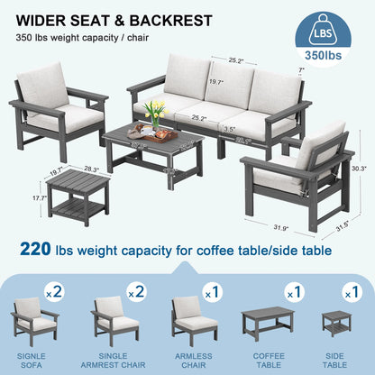 SERWALL Outdoor Patio Furniture Set, 7-Piece HDPE Outdoor Sofa Set Patio Conversation Set, Black Frame with Beige Cushions