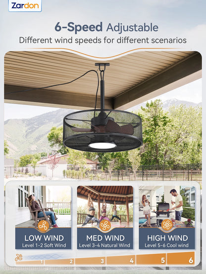 Zardon 20" Outdoor Ceiling Fan with Light and Remote, 7 Blades Caged Waterproof Gazebo Fan for Patio, Porch, Pergola Canopy, App Control