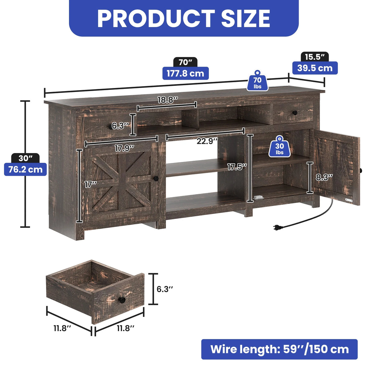 Uforic Farmhouse TV Stand for 75/80 Inch TV, Rustic Entertainment Center with Power Outlet, Storage Drawers, TV Console for Living Room, Oak