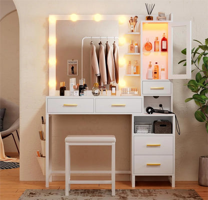 Makeup Vanity Desk with Mirror and Lights, White Vanity Desk with Charging Station, LED Cabinet, 5 Drawers & Storage Bag, Vanity Mirror with Lights Desk and Chair, Vanity Table Set with Stool