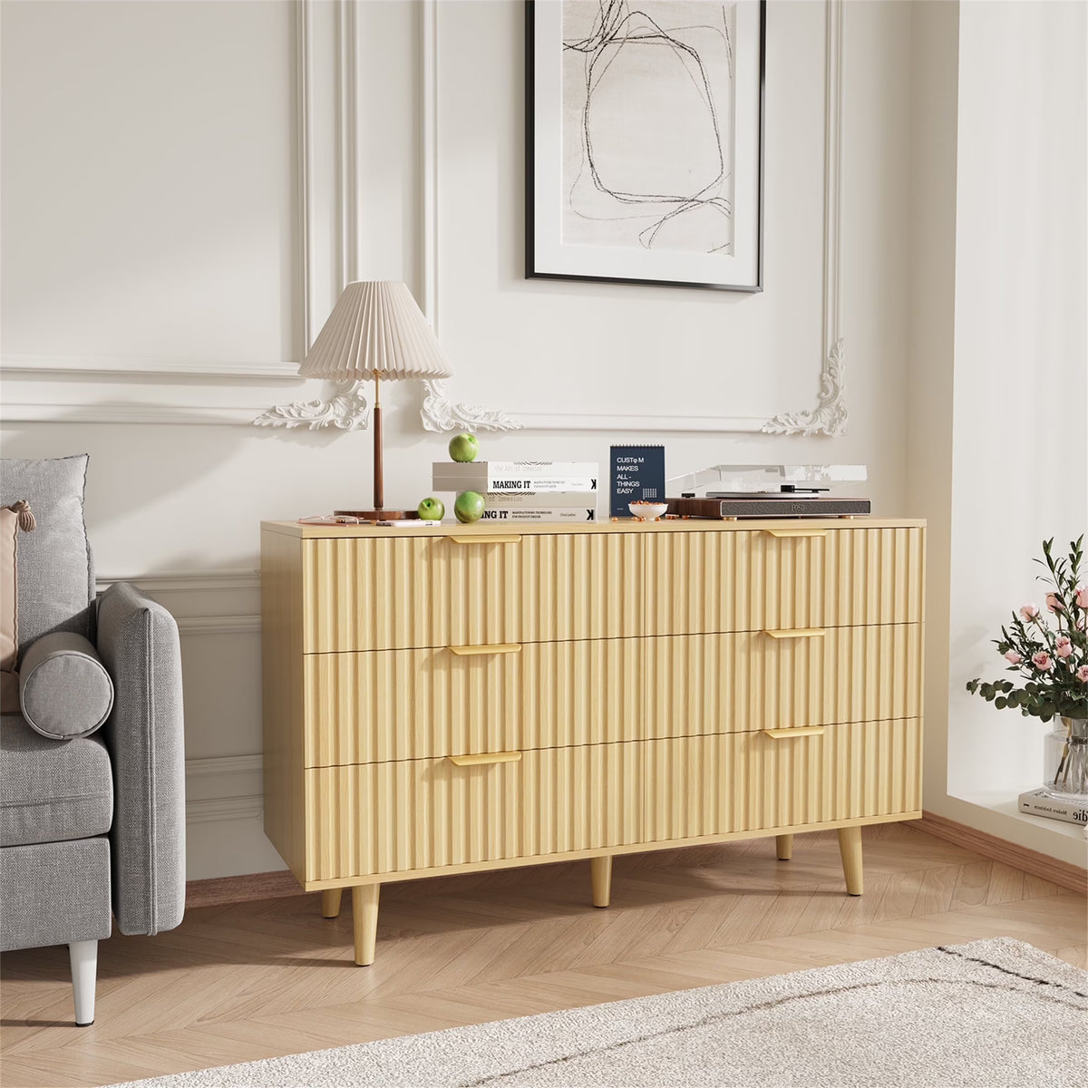 Planntonneo Boho Fluted 6 Drawer Dresser, Wooden Chests for Bedroom