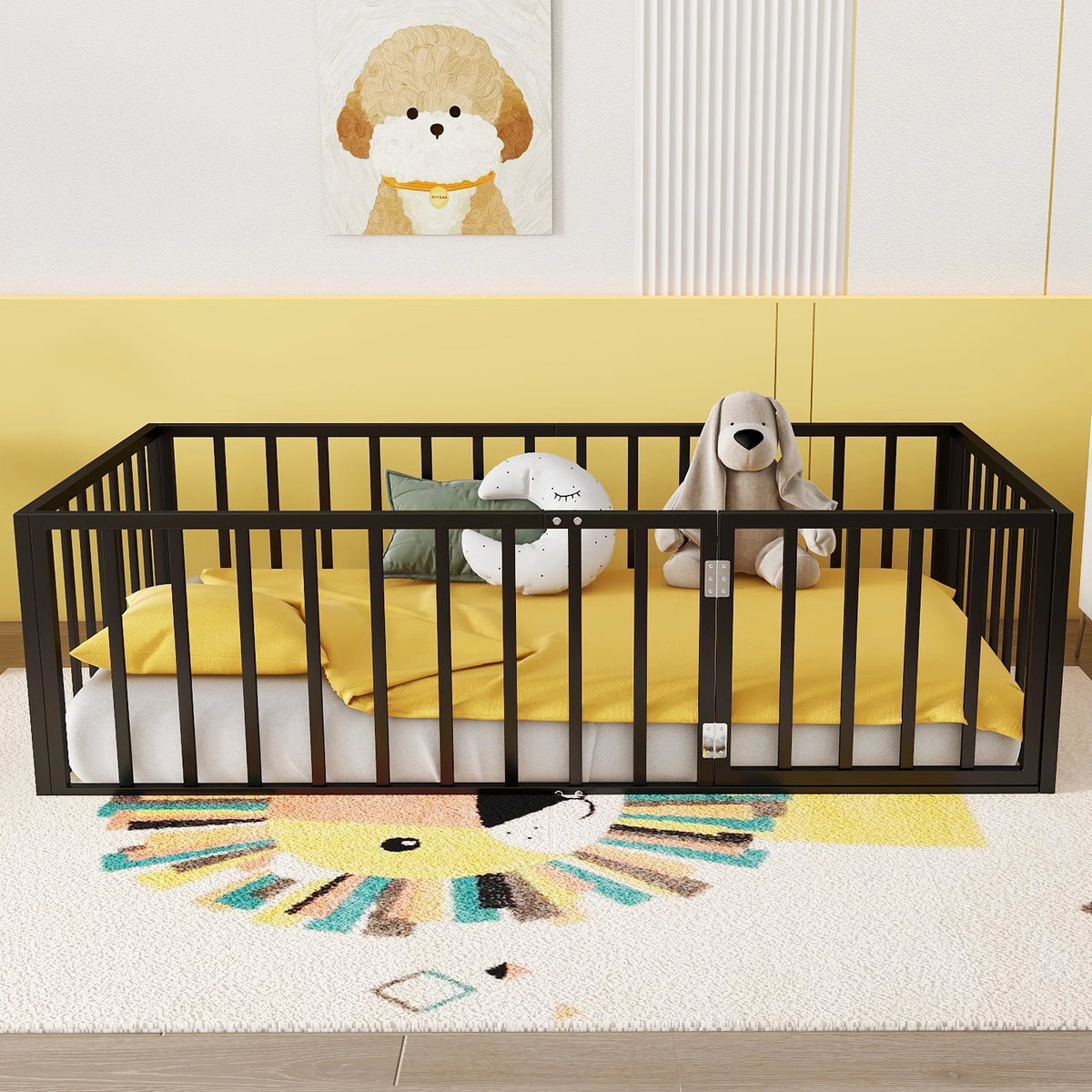 Bellemave Full Size Bed Frame, Full Montessori Bed with Safety Guardrails and Detachable Fence, Wood Full Daybed Frame, Low Profile & Rounded Corners Design, Natural