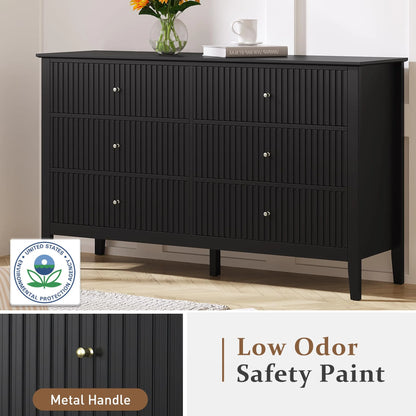Heynemo Beige 6 Drawer Dresser, Fluted Modern Wood Chest