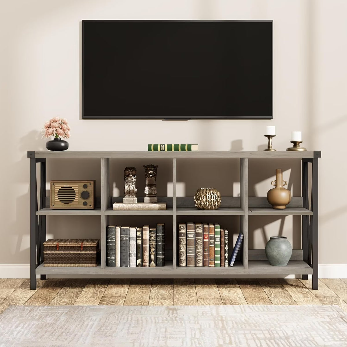 WALYWIK 8 Cube Storage Organizer Bookshelf, 3 Tier Metal Horizontal Bookcase, 62 Inch Console Bookshelfs, Industrial Storage Bookcase for Entryway, Long Low Book Shelf for Living Room-Grey
