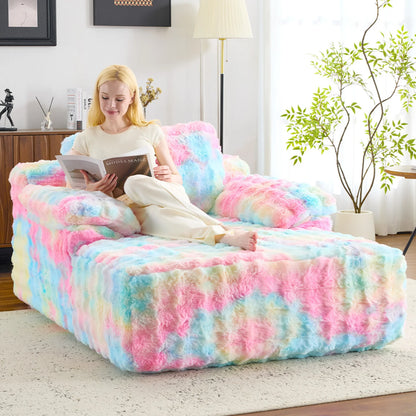 Ktaxon 68" Lounge Chair, Bubble Fleece Fabric Sofa Bed, Boneless Sleeper Chaise with Removable Backrest & Pillow-Top Armrests for Living Room White