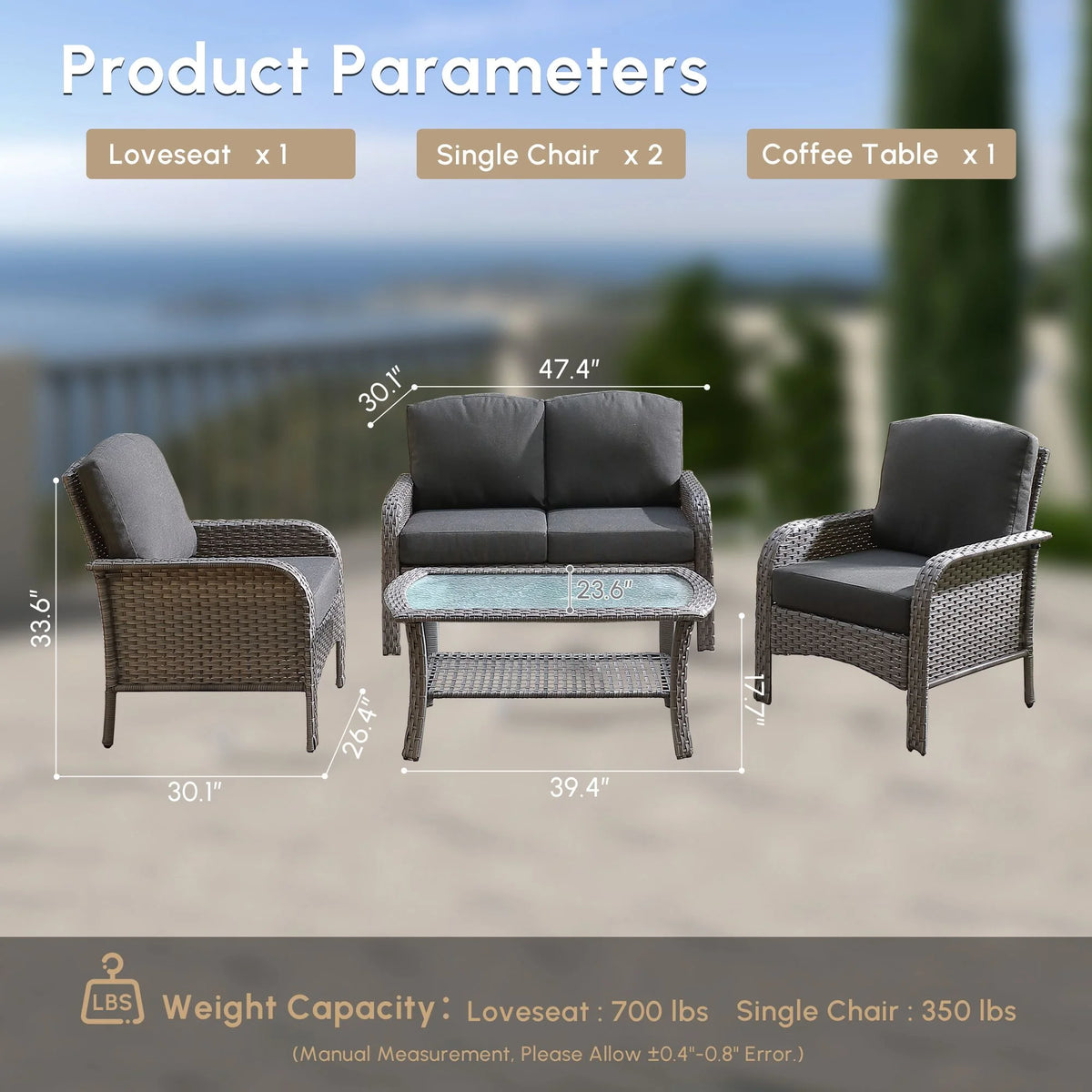 Vcatnet 4 Pieces Outdoor Patio Furniture All-weather Wicker Conversation Set with Coffee Table for Garden,Poolside,Gray