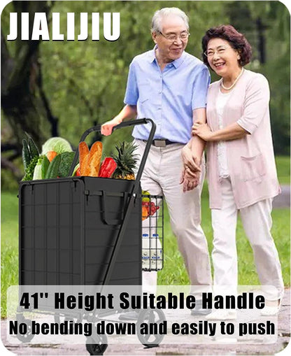 Heavy Duty Folding Shopping Cart for Groceries, Jumbo Double Basket with 360�� Swivel Wheels & Waterproof Bag, Portable Utility Cart for Shopping, Laundry, Holds Up to 320 LBS