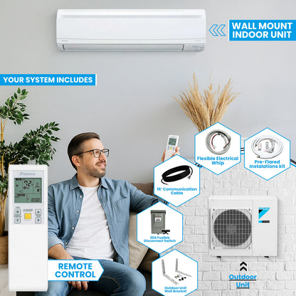 Daikin 15,000 Btu 20 SEER2 LV Series Ductless Mini-Split Wall Mount Heat Pump Air Conditioner with 15' Installation Kit, Wall Bracket, 1/2 Electric Whip, 30A Fuse -230V