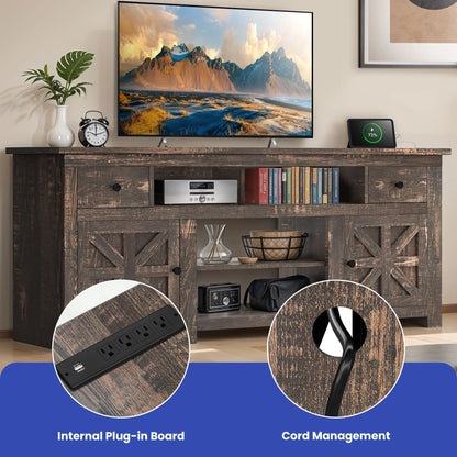 Uforic Farmhouse TV Stand for 75/80 Inch TV, Rustic Entertainment Center with Power Outlet, Storage Drawers, TV Console for Living Room, Oak