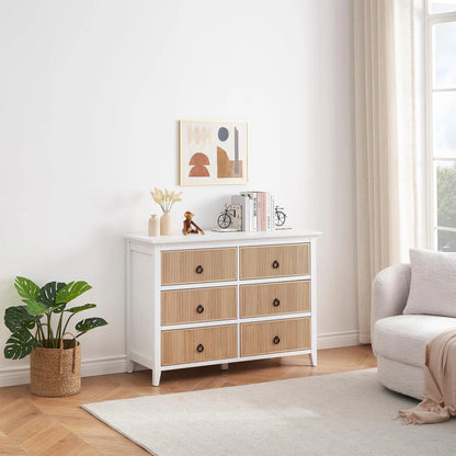 Homhougo White Dresser for Bedroom 6 Drawer, Wood Organizer Storage Cabinet with Gray Strip Drawer Door, Chest of Drawers for Closet, Living Room, Hallway, Nursery, Kids Bedroom