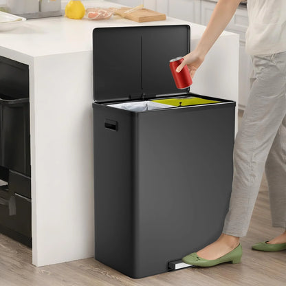 JoanKaren 16 Gallon Stainless Steel Dual Compartment Step Kitchen Trash Can with Lid & 2 Removable Wastebaskets,Kitchen Garbage Can & Recycling Bin,Black
