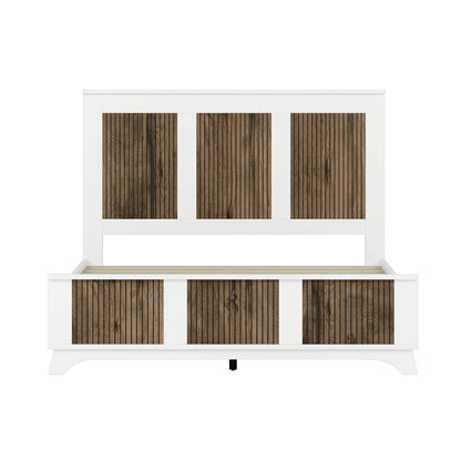 4-Pieces Bedroom Sets, Queen Size Farmhouse Platform Bed with Wooden Strip Stickers Decoration, Storage Nightstand and Dresser with Metal Handle, White