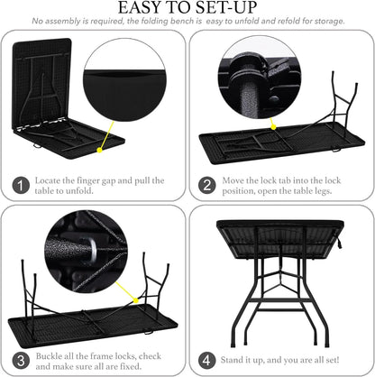 AJP Distributors 6 Foot Portable Plastic Folding Table 6FT 72" Half Foldable Heavy Duty Top w/Carry Handle - Indoor Outdoor Camping Picnic Party Wedding Dining Office Event Meeting Black Wood Style