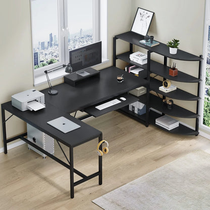 L Shaped Computer Desk, 63'' Corner Gaming Desk with LED Lights, Black Finish
