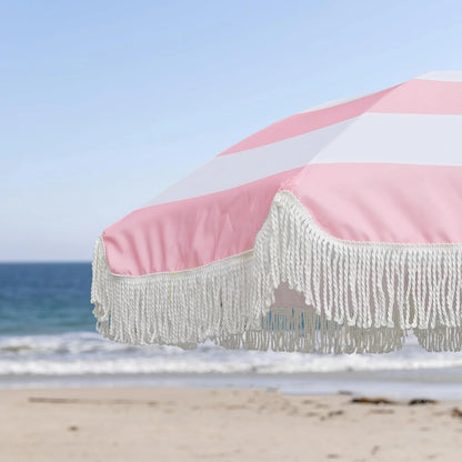 7ft Patio Umbrella with Fringe Outdoor Tassel Umbrella UPF50+ Premium Steel Pole and Ribs Push Button Tilt, Riviera Pink Stripe