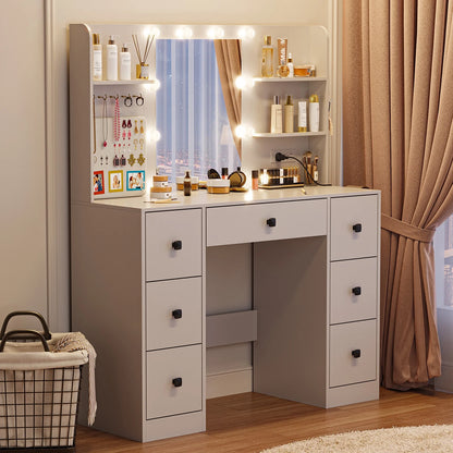 Cottinch Vanity Desk 3 Color Lighted Mirror,Makeup Dressing Table with 4 Drawers and Storage Shelves,2 Outlets,2 USB Ports,White