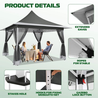 COBIZI 12x12 Outdoor Gazebo Pop Up Gazebo Canopy with Mosquito Netting Patio Tent Backyard Canopy with 2-Tiered Vented Top 3 Adjustable Height, Beige