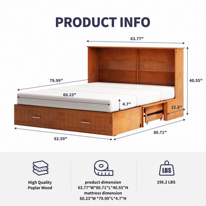 ZAFLY Murphy Bed with Trifold Foam Mattress, Cabinet Bed has USB Charging Station, Convertible Bed with Storage Platform, Cabinet Chest Bed with Large Drawers for Living Room/Bedroom (Grey)