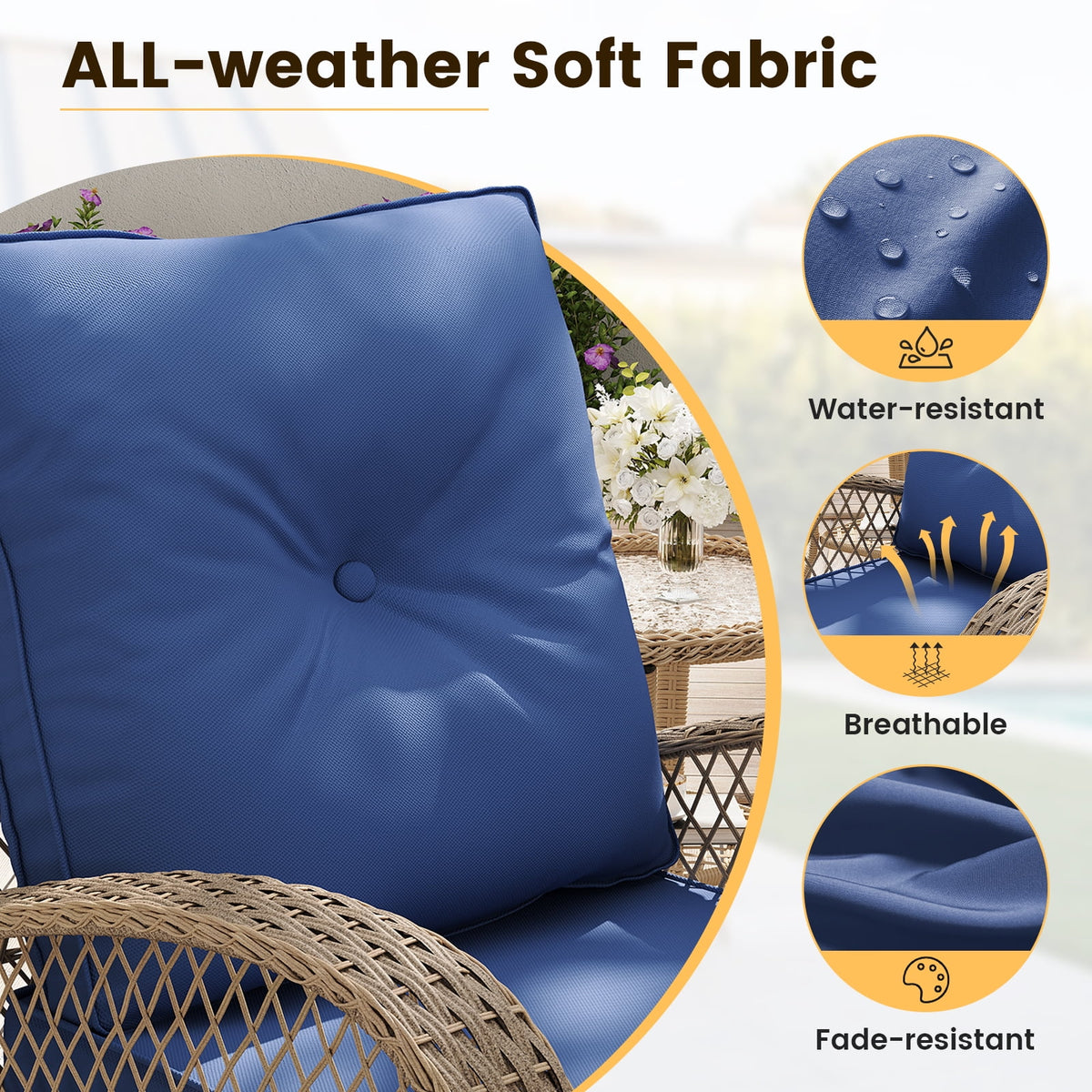 ELPOSUN 3 Pieces Patio Furniture Set, Outdoor Swivel Gliders Rocker, Wicker Patio Bistro Set with Rattan Rocking Chair, Glass Top Side Table and Thickened Cushions for Porch Deck Backyard