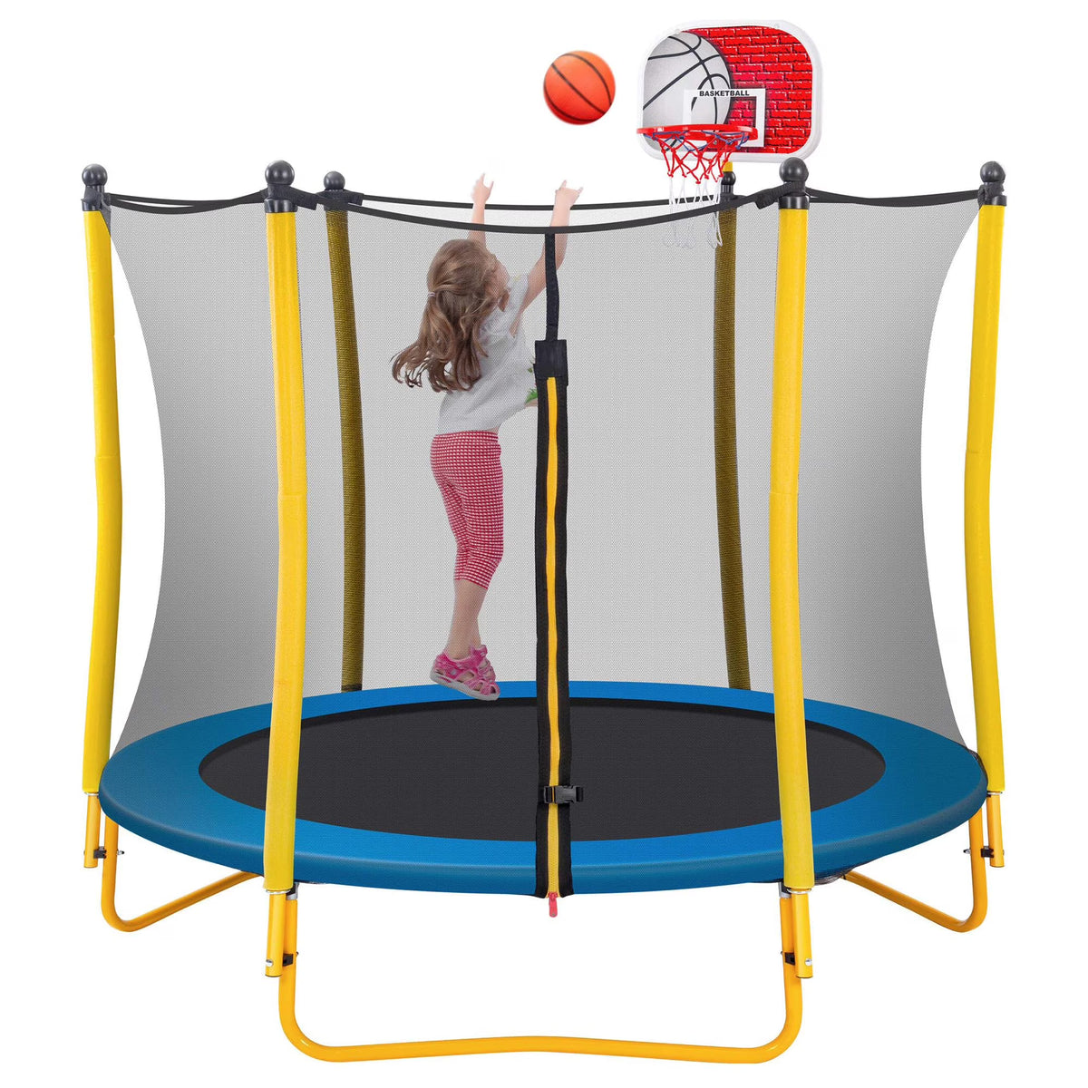 Leuco 66" Kids Trampoline with Basketball Frame, Rubber Ball and Enclosure Net, 5.5ft Mini Small Toddler Trampoline Toys for Indoor and Outdoor Use, Age for 1-8 years old