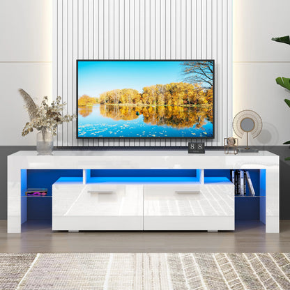 UHOMEPRO TV Stand for TV up to 70", Living Room Entertainment Center with RGB LED Lights and Storage Shelves Furniture, White High Gloss TV Cabinet Console Table