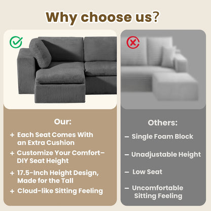 Cloud Sectional Couches for Living Room, Modular L-Shaped Sofa with Ottoman, Corduroy Sleeper Sofa Bed, No Assembly Compression Memory Foam Couch,White