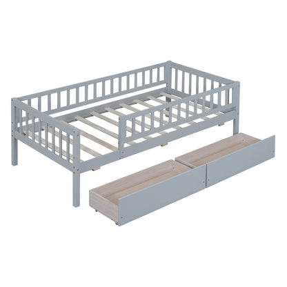 Holaki Twin Size Wood Bed with Guardrails and 2 Storage Drawers for Kids, Gray