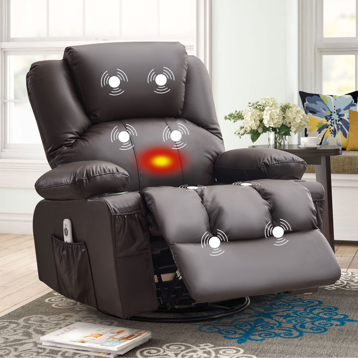 JONPONY Manual Recliner Chair with Heat Therapy and Massage Function, Heavy Duty Reclining Mechanism Massage Chair, Elderly Single Rocker Sofa with Cup Holders for Bedroom Home Theater,Black