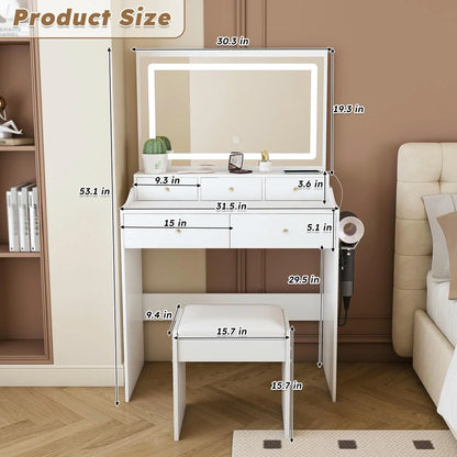 Kadyn Vanity Desk with Lighted Mirror, Vanity Table and Chair Set with 2 Drawers, Dressing Table Makeup Desk with 1 Door, Retro Gray