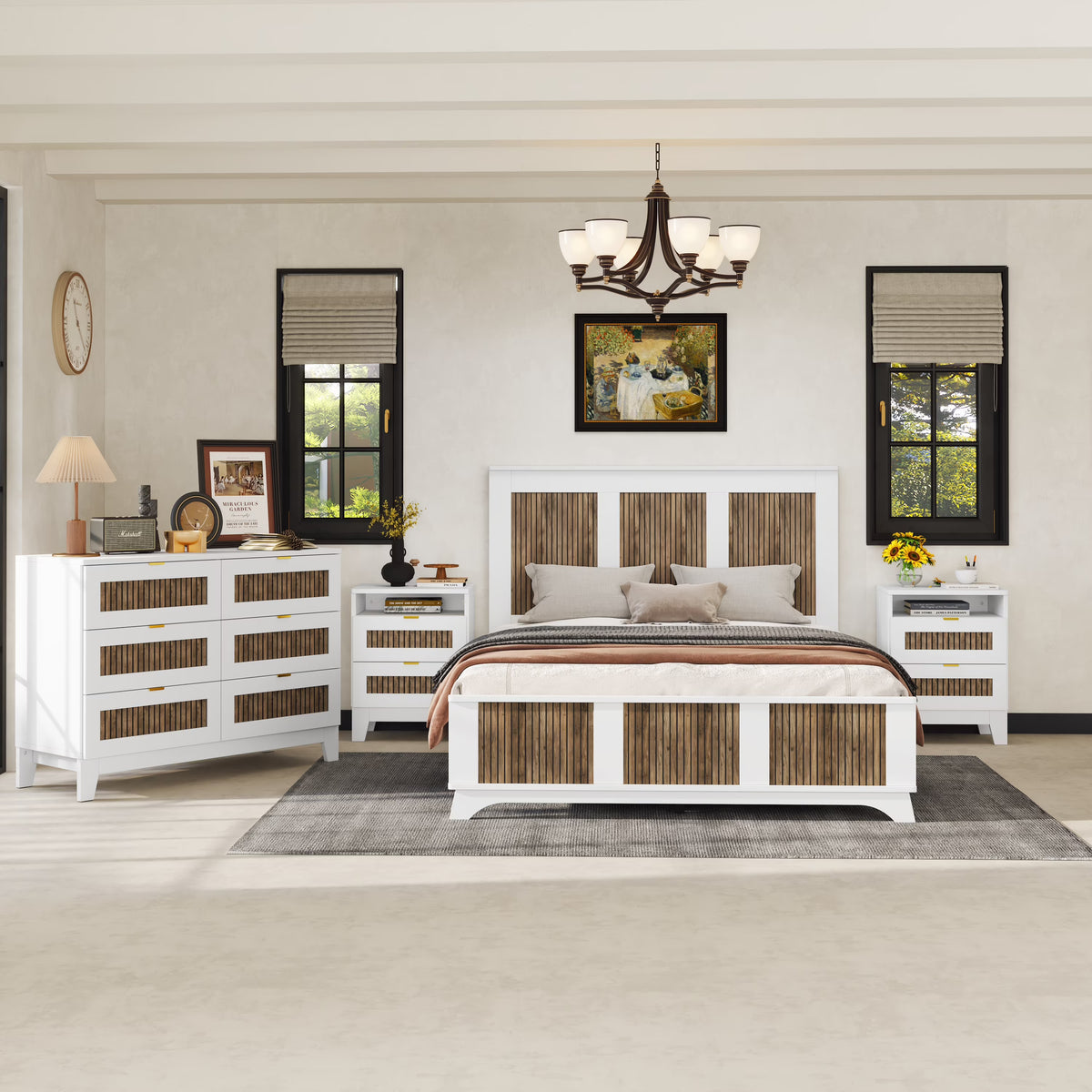 4-Pieces Bedroom Sets, Queen Size Farmhouse Platform Bed with Wooden Strip Stickers Decoration, Storage Nightstand and Dresser with Metal Handle, White