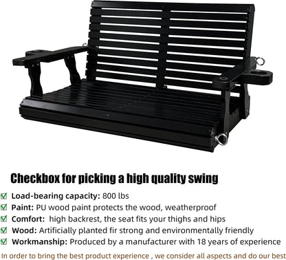 Fortune Candy 3 Person Outdoor Wood Hanging Swing, Heavy Duty 880 lbs Wood Porch Swing, Brown-5ft