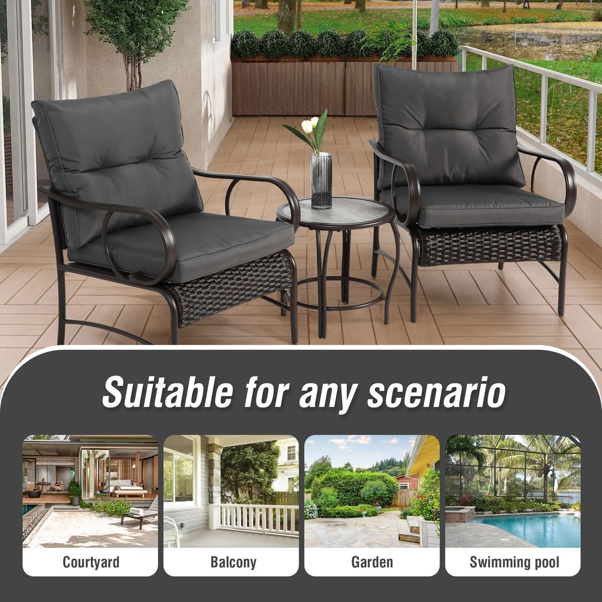 Villeston 3 Piece Outdoor Wicker Conversation Patio Set, with 2 Chairs, Table for Porch Garden,Blue