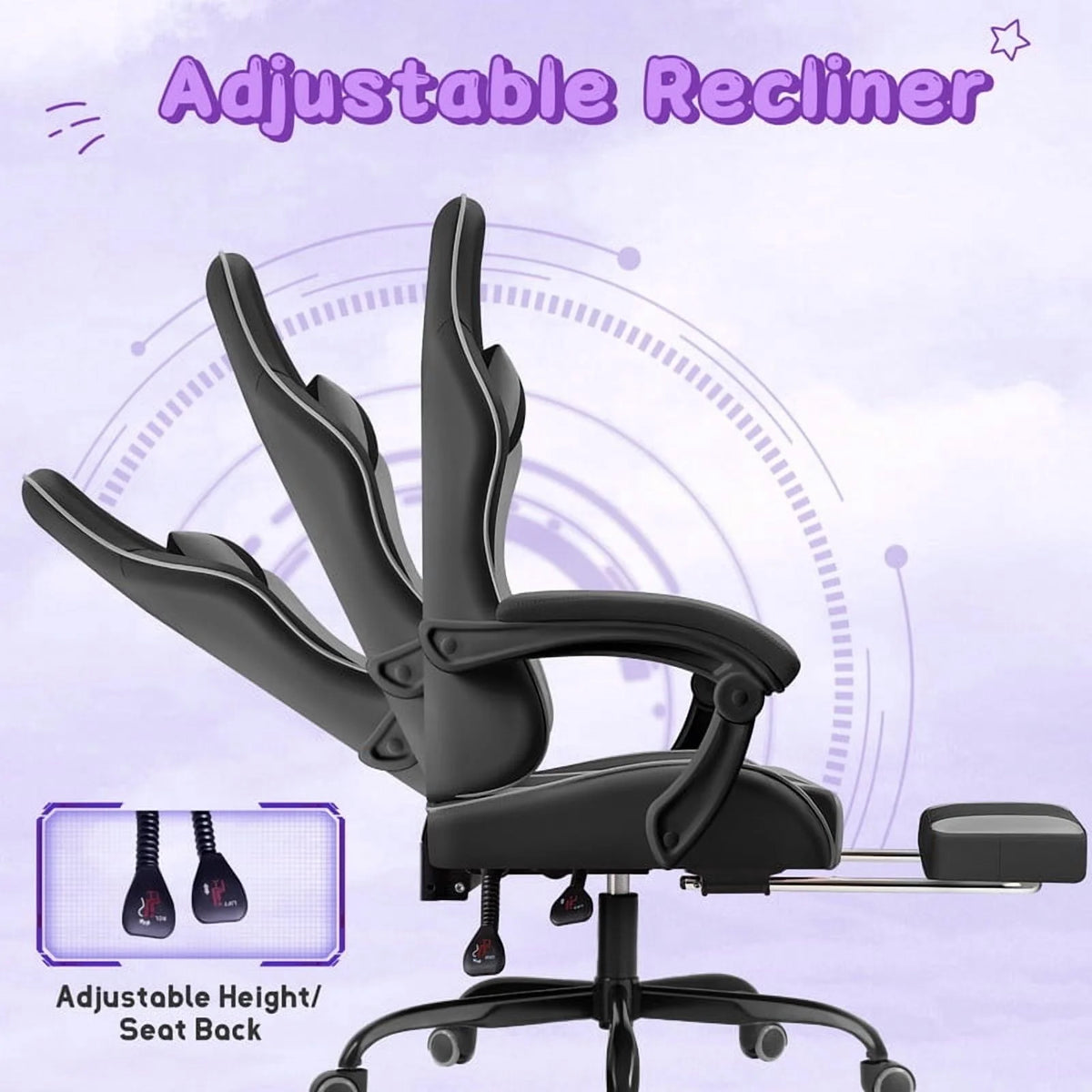 Lacoo PU Leather Gaming Chair Massage Ergonomic Gamer Chair Height Adjustable Computer Chair with Footrest & Lumbar Support, White