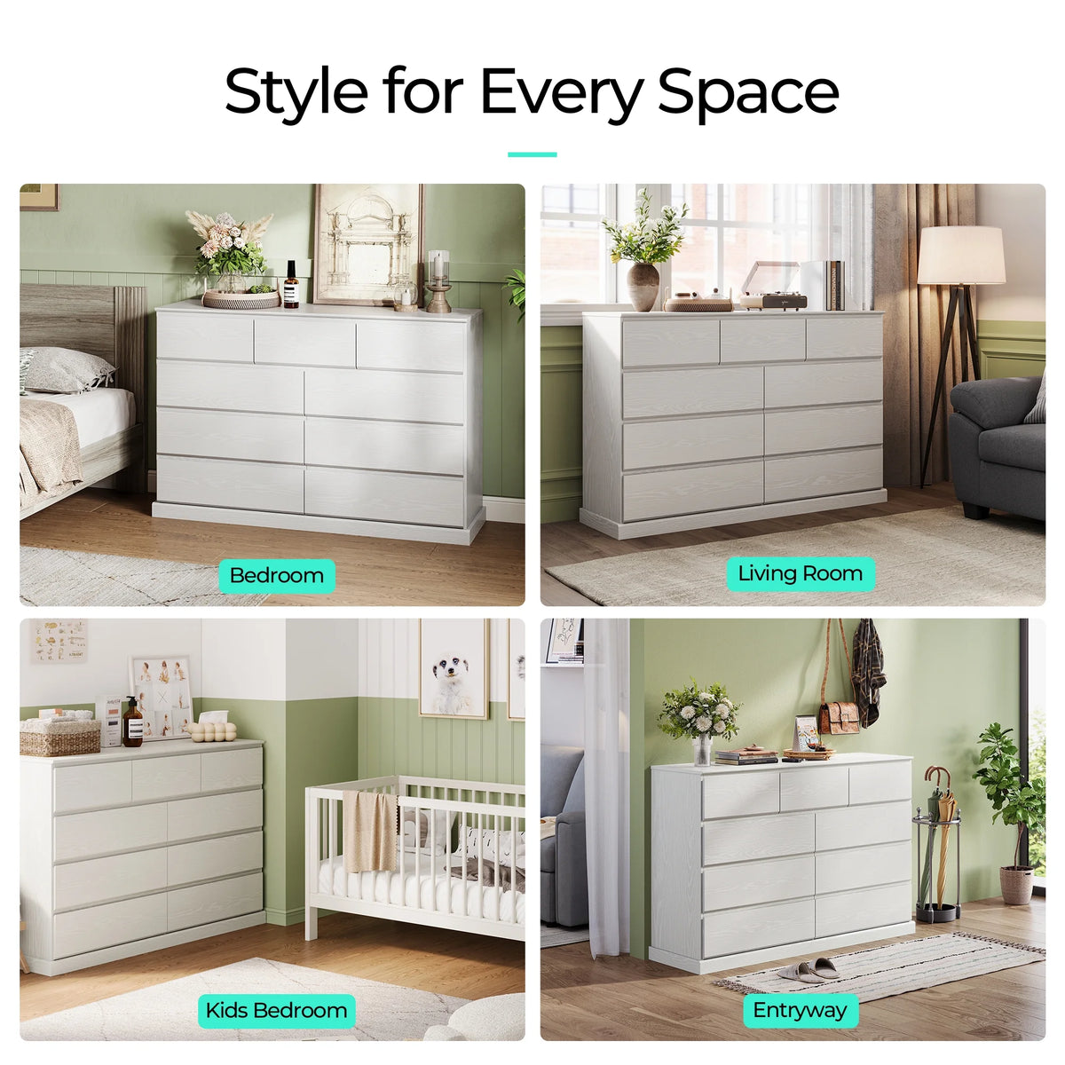 Linsy Home Modern Wood Dressers for Bedroom, Wide Chest of 9 Drawers, White