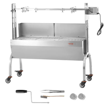 VEVOR Rotisserie Grill with Windscreen, BBQ Whole Pig Lamb Goat Charcoal Spit Grill, 46 Inch 132 Lbs Capacity, Electric 52W Motor Stainless Steel Roaster with Lockable Wheels, for Camping Outdoor