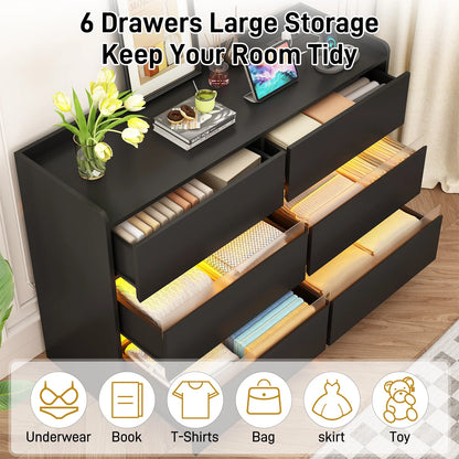 9 Drawer Dresser for Bedroom with Power Outlet, 63" Large Dresser with LED Light, Wooden Dresser For Closet, Chest of Drawers with Raised Edges