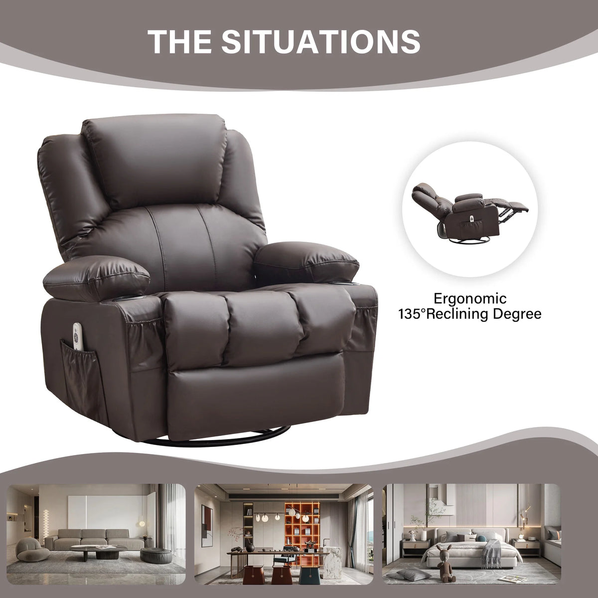 JONPONY Manual Recliner Chair with Heat Therapy and Massage Function, Heavy Duty Reclining Mechanism Massage Chair, Elderly Single Rocker Sofa with Cup Holders for Bedroom Home Theater,Black