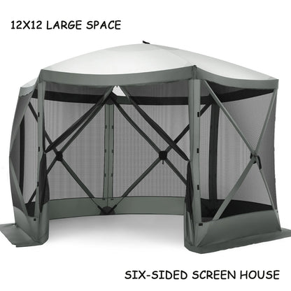 COBIZI 12'x12' Pop-up Gazebo Outdoor Camping Tent with 6 Sides Mosquito Netting, Waterproof, UV Resistant, Portable Screen House Room, Easy Set-up Party Tent with Carry bag, Ground Spike, Brown