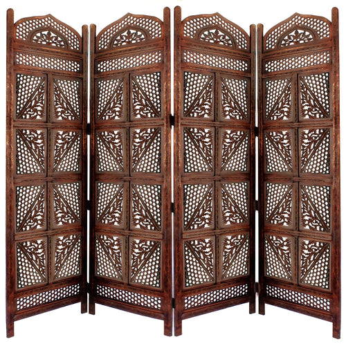 Four Panel Wooden Room Divider with Hand Carved Details in Antique Brown
