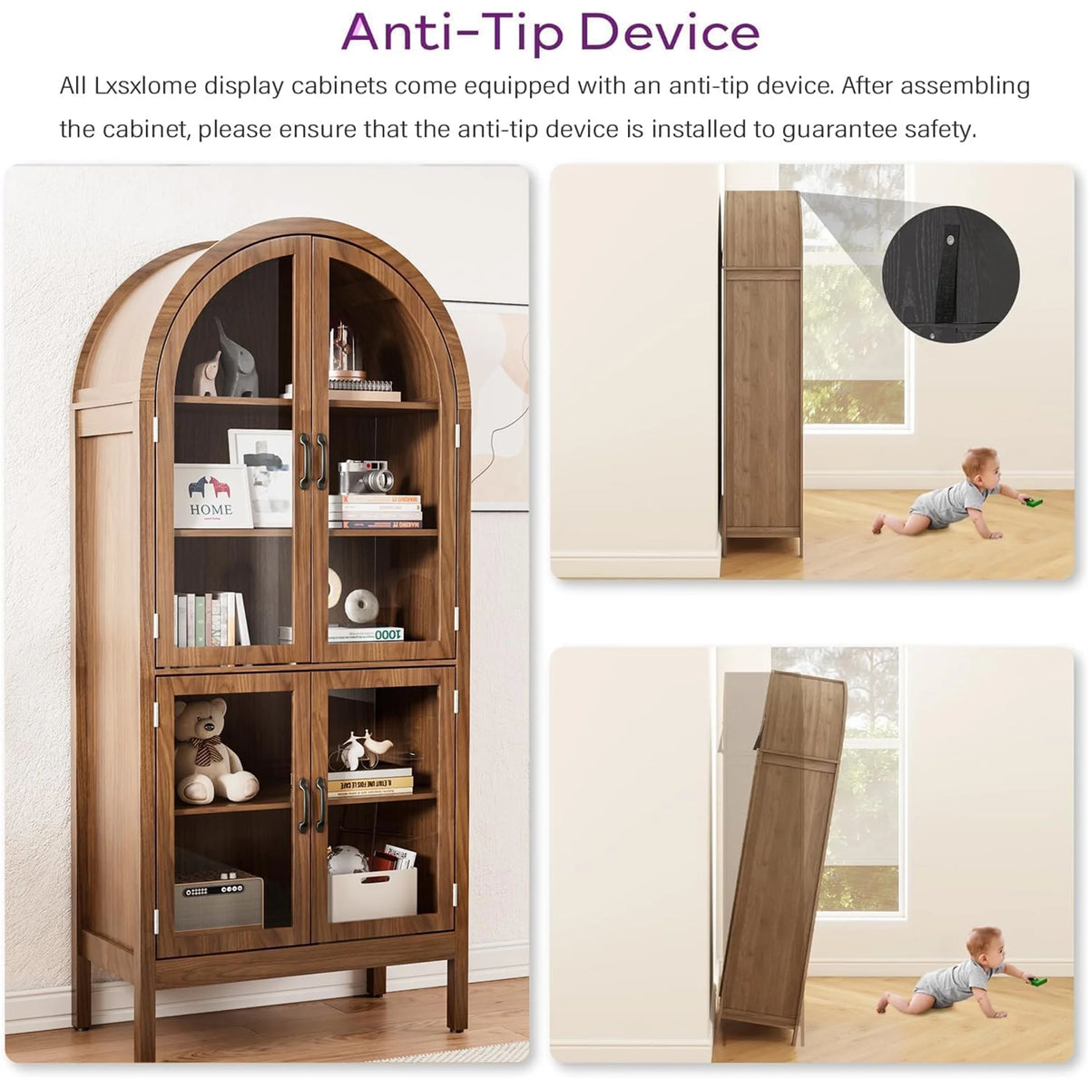 Fiogmub Tall Arched Storage Display Cabinet, Arched Pantry Cabinet with Doors, Acrylic Glass Doors