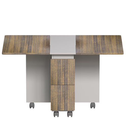 4 Folding Dining With 55'' Drop Leaf Table & 4 Chairs, Storage, 6 Wheels, Robust , Brown, Space Saving For Interiors Extendable Wood, Firm Home Use