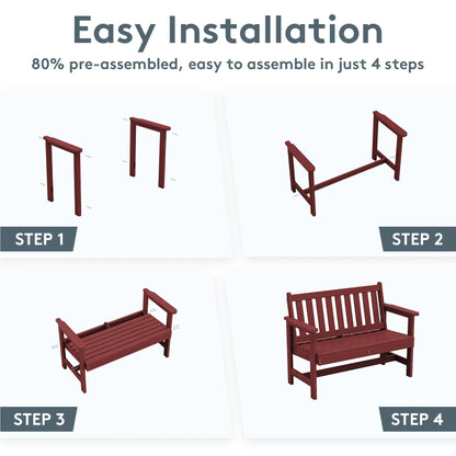 SERWALL Outdoor Bench for 2-Person, Weather-Resistant HDPE with Aluminum Reinforcement, Supports 660 lbs, Comfortable Seating for Patio, Garden, and Porch, Black