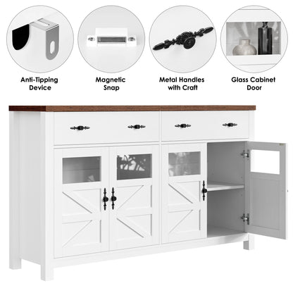 Homfa Farmhouse 55.1"WKitchen Buffet Cabinet with Storage Drawer & Adjustable Shelf, Glass Door Wood Sideboard Credenza Coffee Bar with for Dining Room Living Room, White & Black