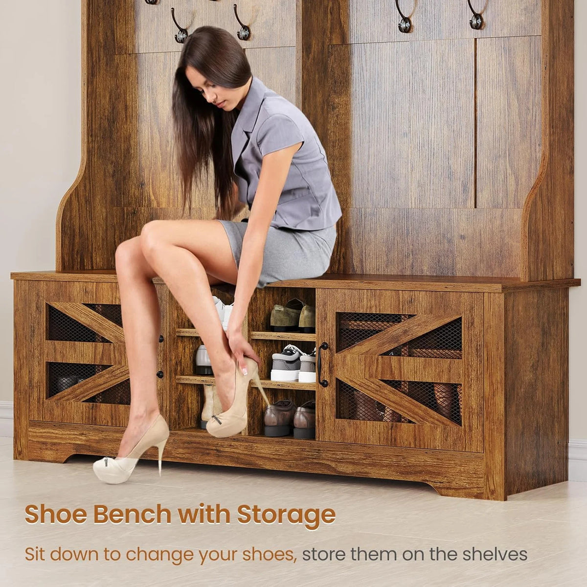 Hall Tree with Coat Rack and 16 Shoe Cubbies, 5-in-1 Entryway Bench with Bench and Shoe Storage, Barn Door & Adjustable Shelf, Embossed White