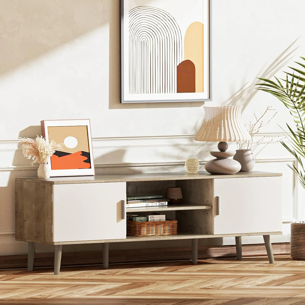 LL TV Stand for 55 Inch TV, Entertainment Center with Adjustable Shelf, 2 Cabinets, TV Console Table, Media Console, Solid Wood Feet, Cord Holes, for Living Room, Bedroom, White