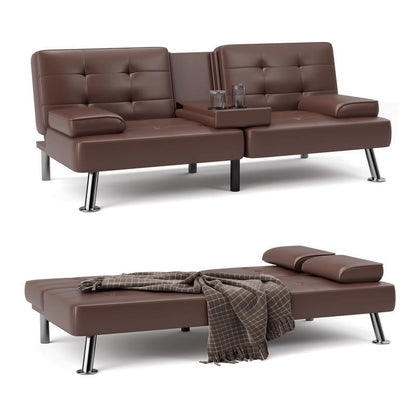 Furmax Futon Sofa Bed Convertible Folding Faux Leather Couch with 2 Cup Holders,Black