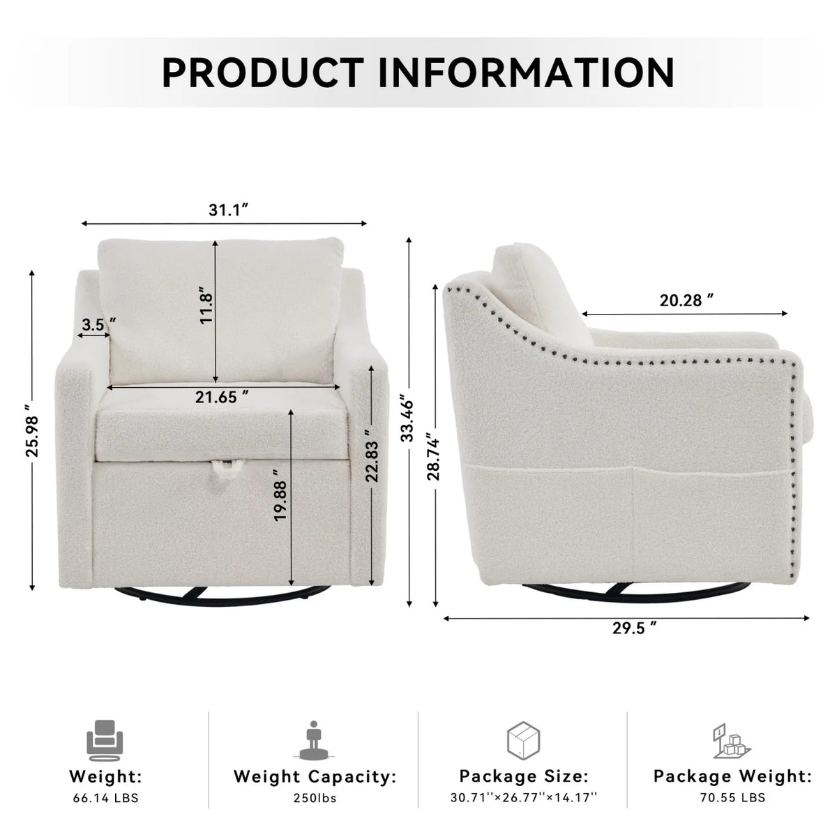 Swivel Barrel Chair, Swivel Accent Chair for Living Room with Storage Seat and Pillow, 360 Degree Swivel Barrel Club Chair, Round Armchairs Nursery, Hotel, Bedroom, Office, Lounge, Ivory White