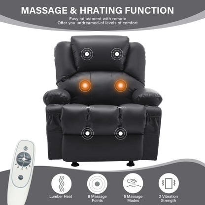 JONPONY Manual Recliner Chair with Heat Therapy and Massage Function, Heavy Duty Reclining Mechanism Massage Chair, Elderly Single Rocker Sofa with Cup Holders for Bedroom Home Theater,Black