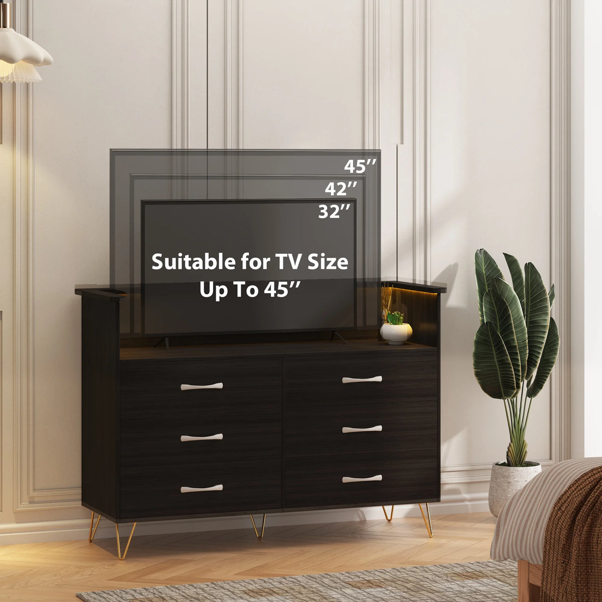Homhougo Dresser for Bedroom 6 Drawer with LED Light & Charging Station, Wooden Dressers and Chests of Drawers with 2-Tier Open Shelves, Wide Dresser Organizer for Living Room Hallway Entryway, Pink